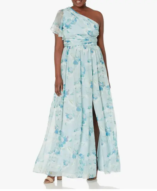 Adrianna Papell Women's Chiffon Floral Print One Shoulder Long Dress Gown Sz 12