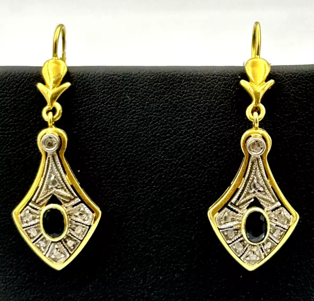 Drop Earrings Antique Style Gold 18K And Silver Sapphire And Rosette Diamonds