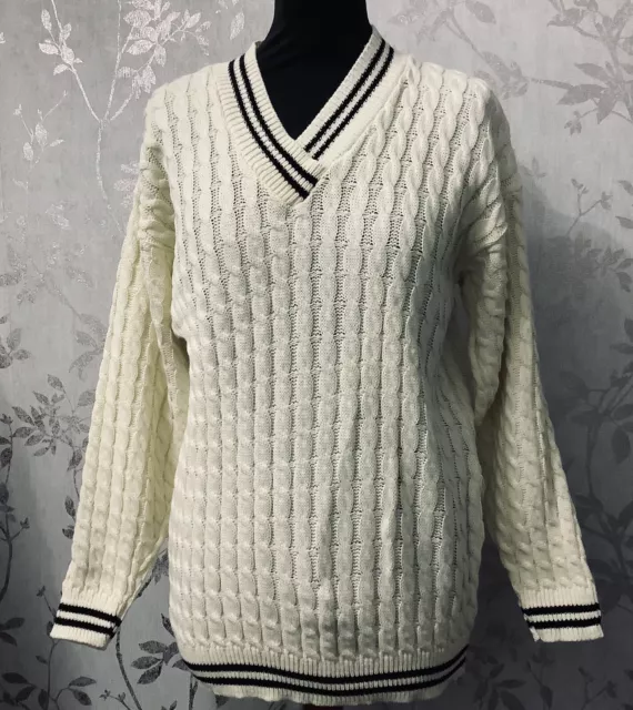 Ladies Cable Knitted V Neck Acrylic Cricket Style Jumper Women’s Top Size 10/12