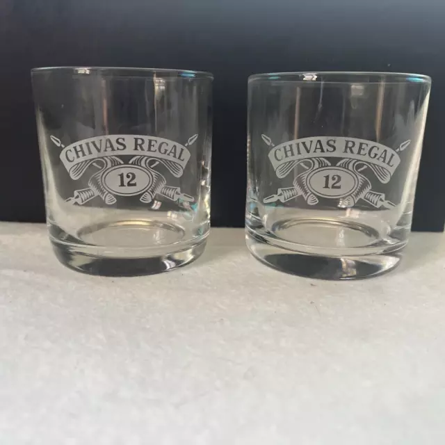 2 Chivas Regal Aged 12 Years Lowball Whiskey Rocks Glass Etched Logo 12oz 3.5 In