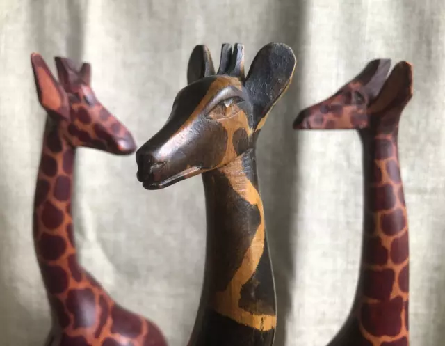 3 x Vintage Hand Carved Wooden African Giraffe Sculpture Ornament 30.5cm