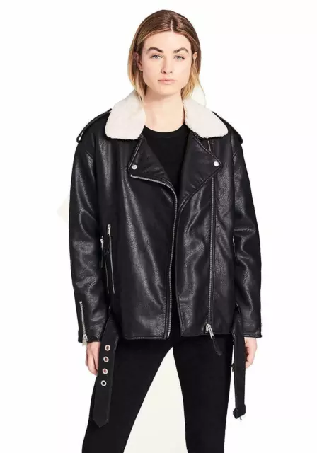 LEVI'S WOMENS OVERSIZED Faux Shearling & Faux Leather Moto Jacket Size ...