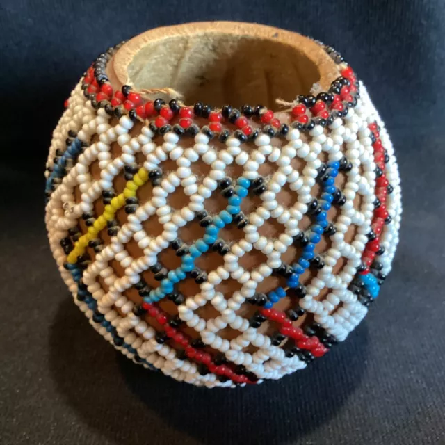 Vintage African Gourd Container Vase Basket Beaded Overlay MCM Zigzag Southwest