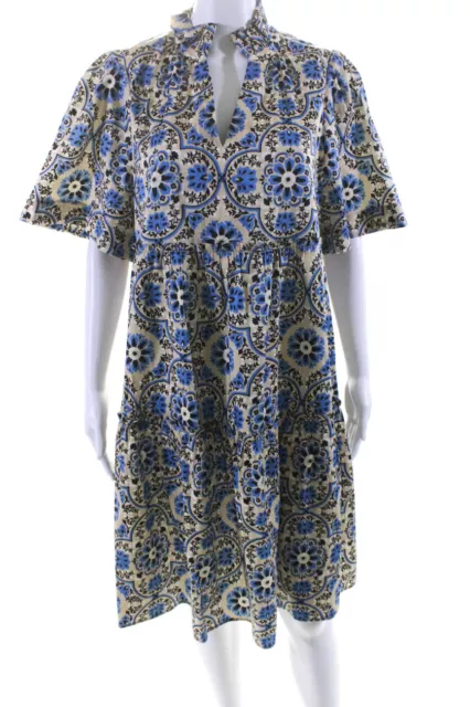 Tuckernuck Womens Floral Print A Line Dress Beige Blue Cotton Size Large