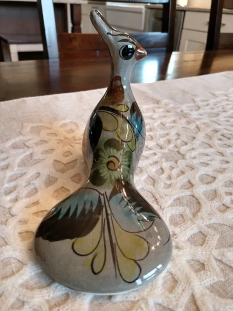Mexico Peacock Tonala Folk Art Pottery Bird  Hand Painted Glossy Finish 6" Long