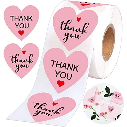 Pink Heart Thank You Stickers Roll Sealing Labels 1.5 Inch 500 Pcs Heart Shap...