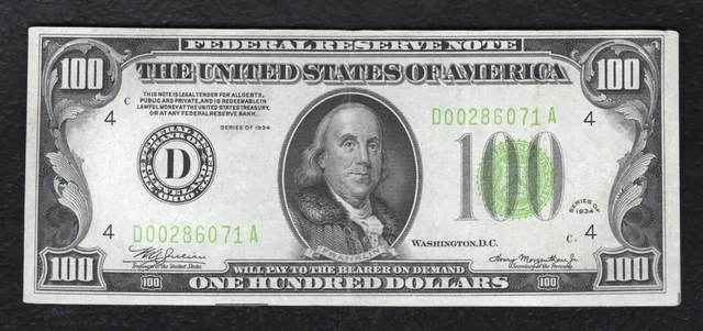 FR. 2152-Dlgs 1934 $100 LGS LIGHT GREEN SEAL FRN CLEVELAND, OH ABOUT UNC