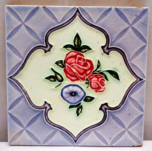 Tile Majolica Japan Art Nouveau Flower Design Saji Tile Works Ceramic Porcel#233