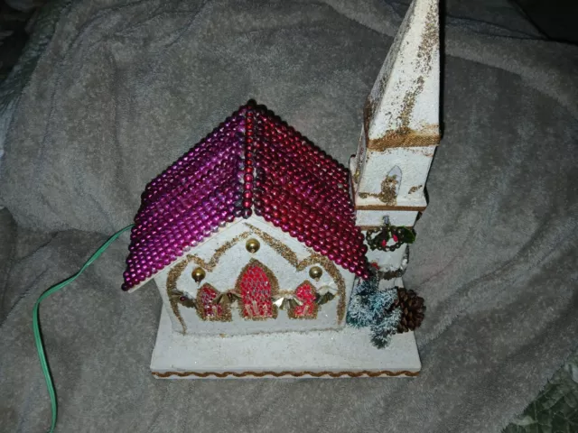 Vintage Putz Cardboard Church Japan Mica Mercury Bead Roof Large 13 inch