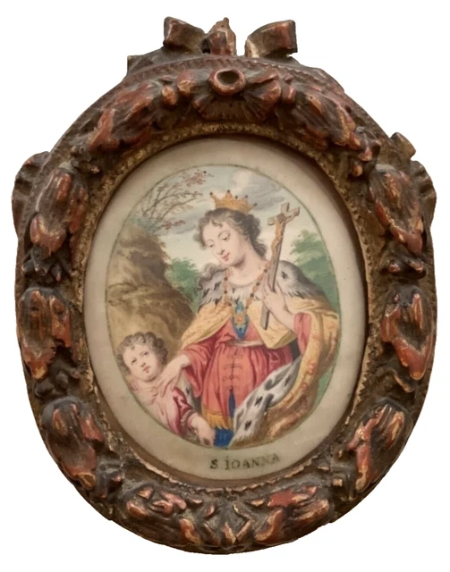 Miniature 19th century Gouache Saint JOANNA Madonna and child wood frame