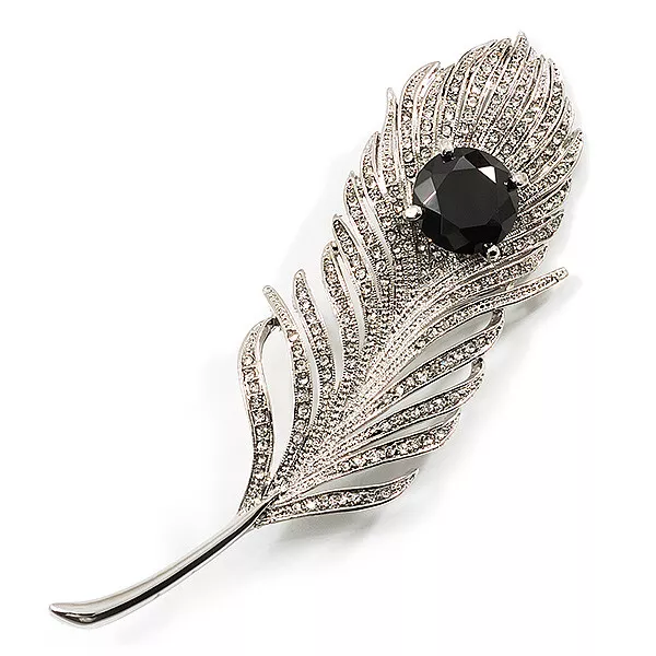 Large Swarovski Crystal Peacock Feather Silver Tone Brooch (Clear & Black) -