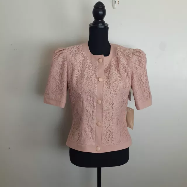 New Old Stock Caron Petite Chicago Top Women 6P Pink Button Up Lace Floral 80's