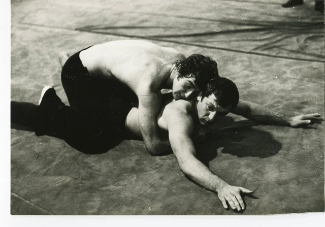 Shirtless handsome young men couple wrestling athlete wrestler gay int vtg photo