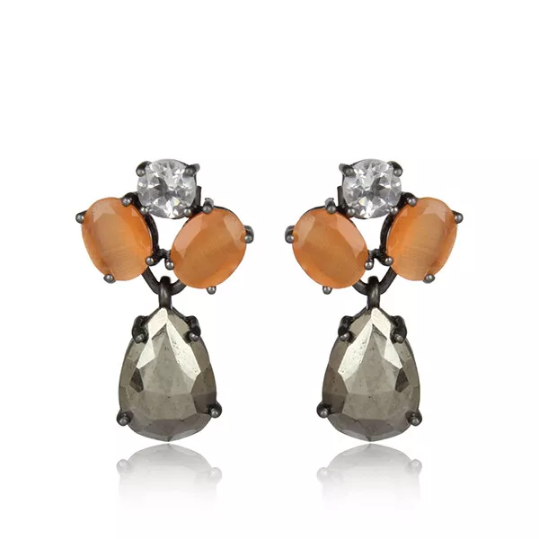 Black Rhodium 925 Silver Multi Color Gemstone Womens Designer Drop Earrings