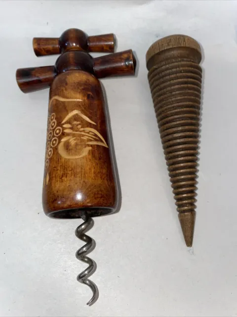 Hand Crafted Vintage Wooden Wine Bottle Opener Corkscrew & Cork