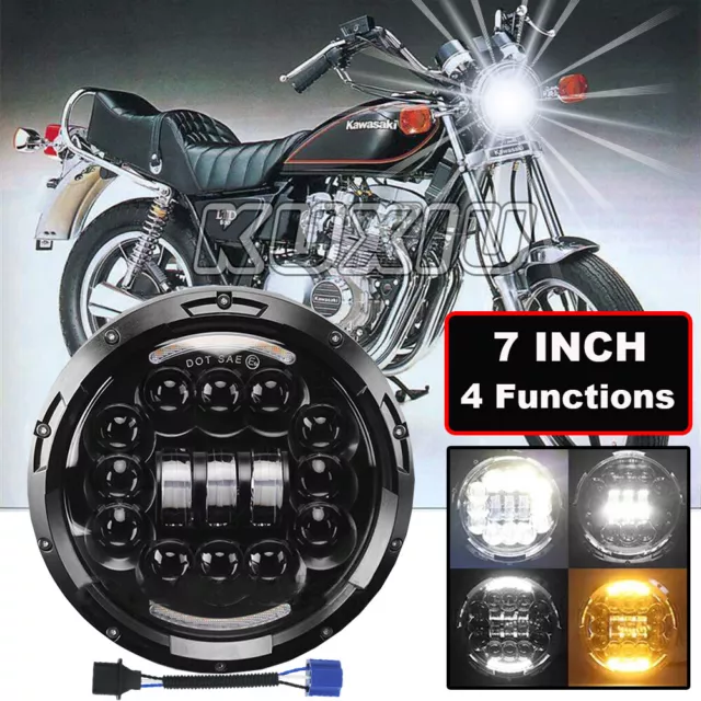 7" Motorcycle LED Hi/Lo Headlights Black For Kawasaki 440 454 550 750 1000 LTD