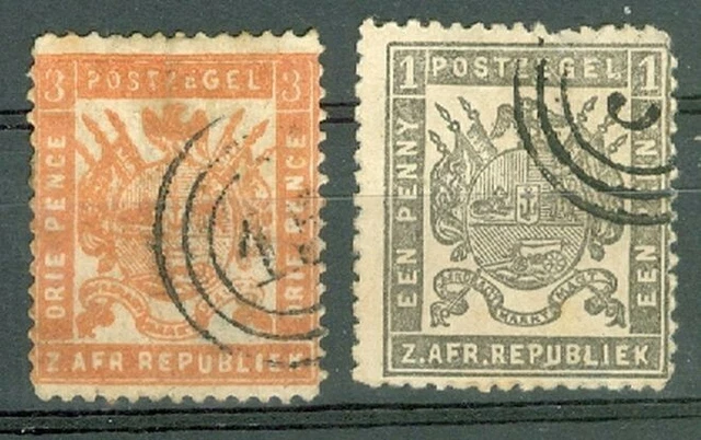 South Africa TRANSVAAL Coat of Arms 1p Black + 3p Orange FU Stamp Lot#a1325