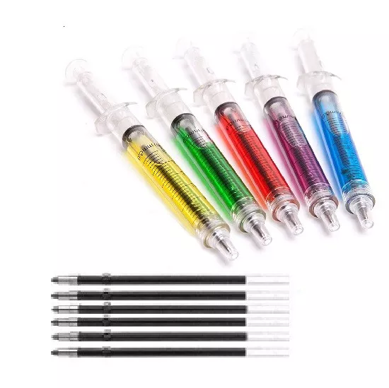 NOVELTY SYRINGE PENS & refills (CHOICE OF COLOURS)- great value spooky fun pens