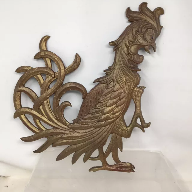 Vintage Cast Iron Rooster Wall Hanger Plaque Painted Gold 14”x11.5”