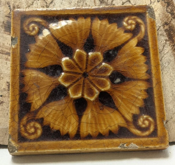 Trent Tile Brown Ceramic Tile 3" square abstract design fair condition