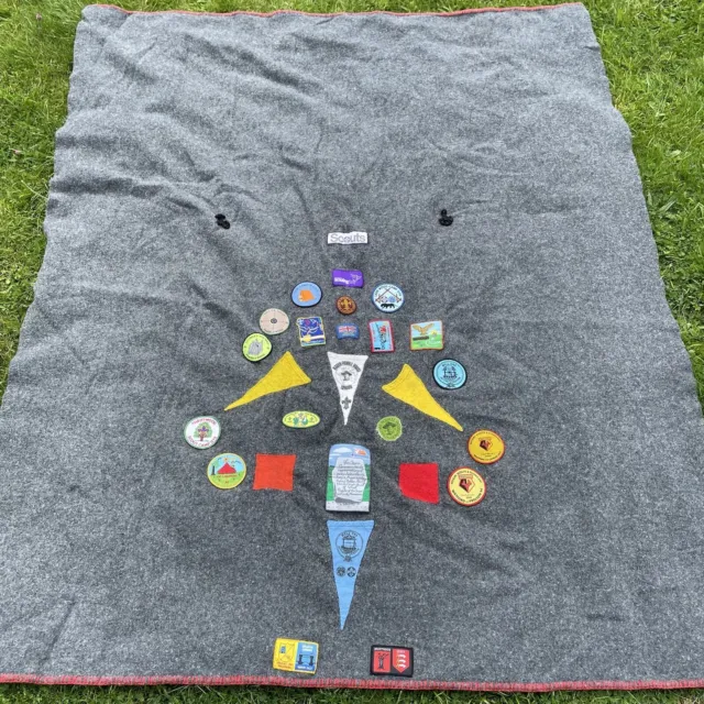 Vintage 1970/80's Boy Scout Grey Wool Camp Blanket With Badges/Patches 58" x 70"