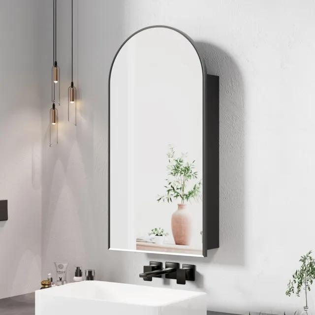 Arched Medicine Bathroom Mirror Cabinet Metal Framed Black Recessed Wall Mounted