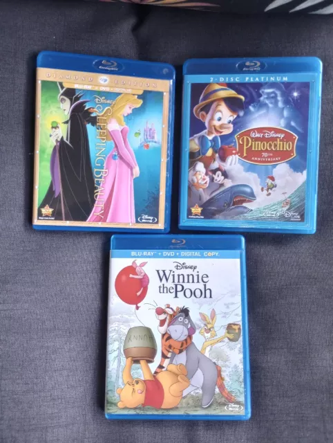Walt DISNEY Sleeping Beauty,  Pinocchio, Winnie The Pooh Blu-ray Disc DVD LOT