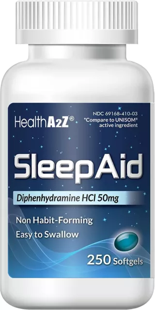 Healtha2Z Sleep Aid difenhidramina Hcl 50 mg 250 cápsulas blandas comparadas con Unisom,