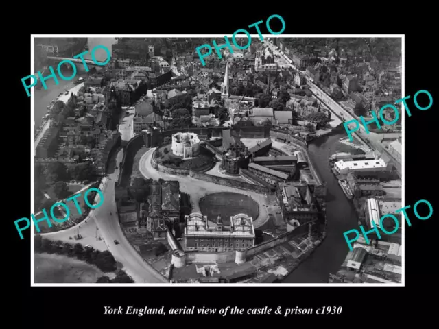 OLD POSTCARD SIZE PHOTO OF YORK ENGLAND AERIAL VIEW OF CASTLE & PRISON c1930