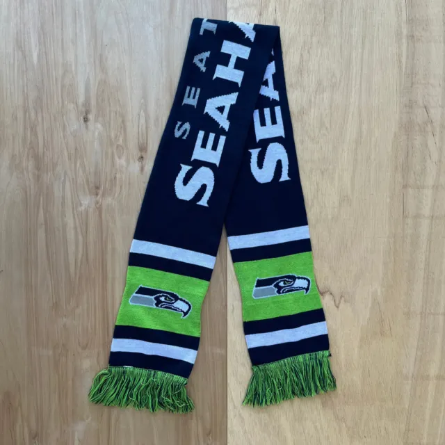 SEATTLE SEAHAWKS NFL Football Blue Green Knit Double Sided Print Fringe Scarf