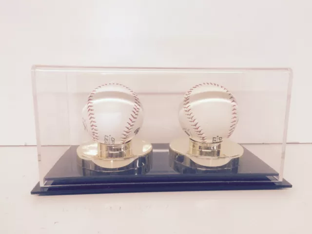 Baseball display case double ball on gold risers 85% UV filtering MLB