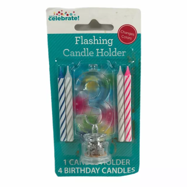 Flashing Candle Holder Number "3" Changes Colors Birthday Celebration Party NIP
