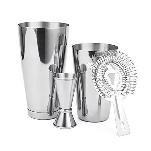 4Pcs Boston Shaker Cocktail Making Set with Bartender  Double Jigger Strainer