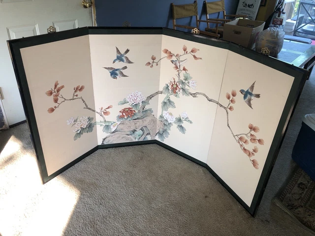 vintage CHINESE BIRDS BLOSSOMS 36x 72 WATERCOLOR 4 PANEL SCREEN PAINTING