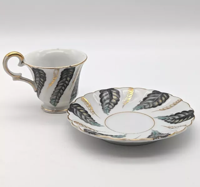 Ucagco China Occupied Japan Tea Cup & Saucer Floral Fern Gold Trim Demitasse