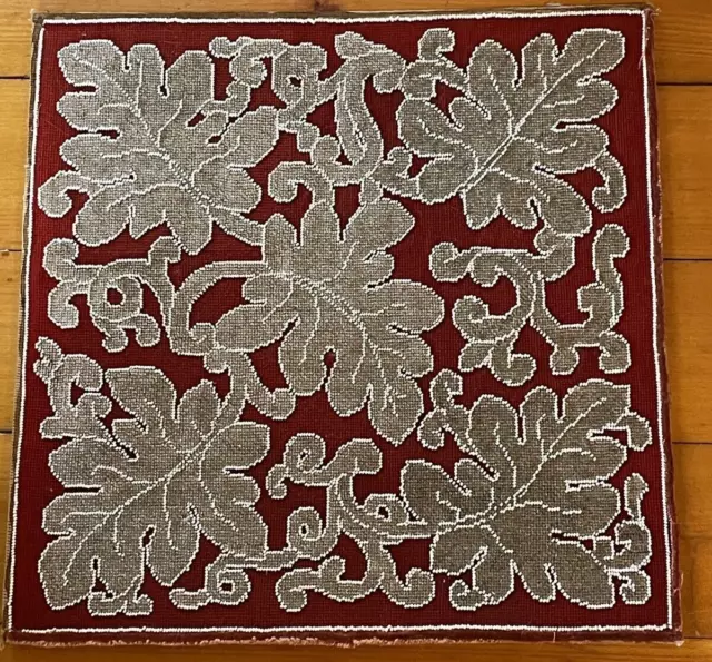 Antique Victorian Beaded Red Wool Needlework Needlepoint 18 x 18 Leaves