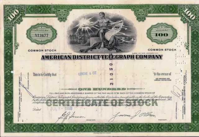 Certificat boursier American District Telegraph Company. New Jersey 100 actions