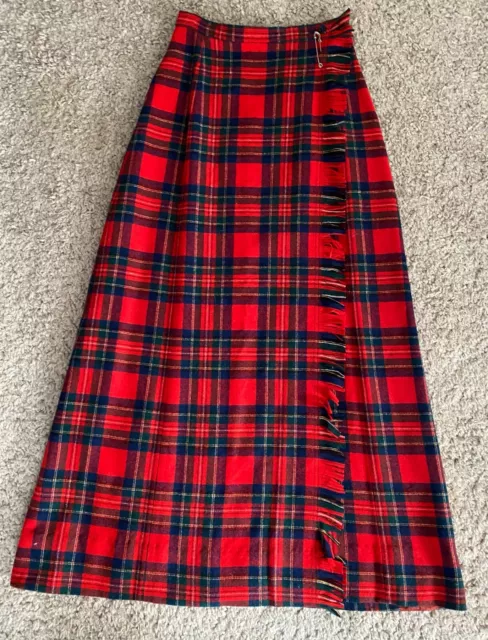 Vintage Women’s Pendleton Maxi Red Tartan Plaid Fringed Wool Kilt Skirt Size S