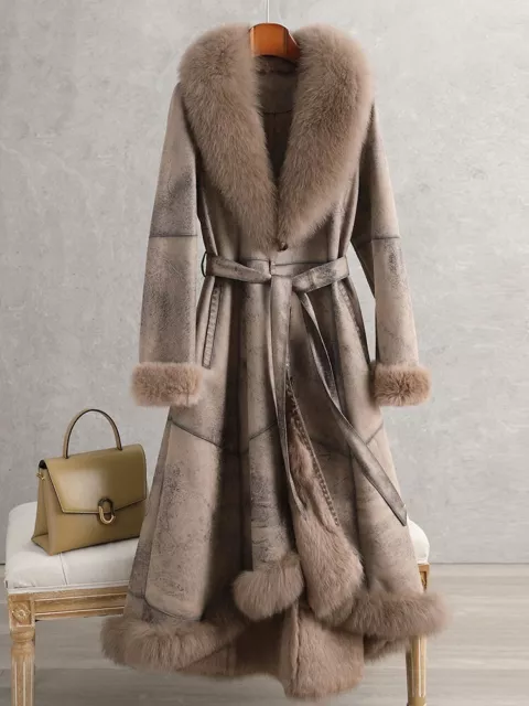 Women's Genuine Fur Coat Knee-Length Fox Fur Collar Warm Rabbit Fur Slim Jacket