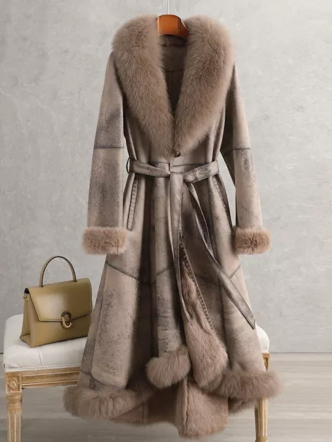 Women's Real Fur Coat Knee Length Fox Fur Collar Warm Rabbit Fur Slim Fit Jacket