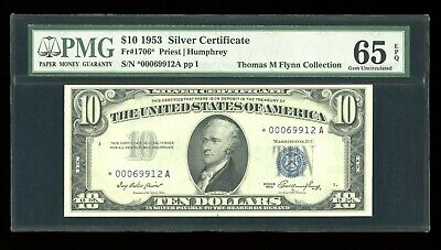 DBR 1953 $10 Silver STAR Gem Fr. 1706* PMG 65 EPQ ex-Flynn Low Serial *00069912A
