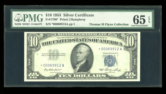 DBR 1953 $10 Silver STAR Gem Fr. 1706* PMG 65 EPQ ex-Flynn Low Serial *00069912A