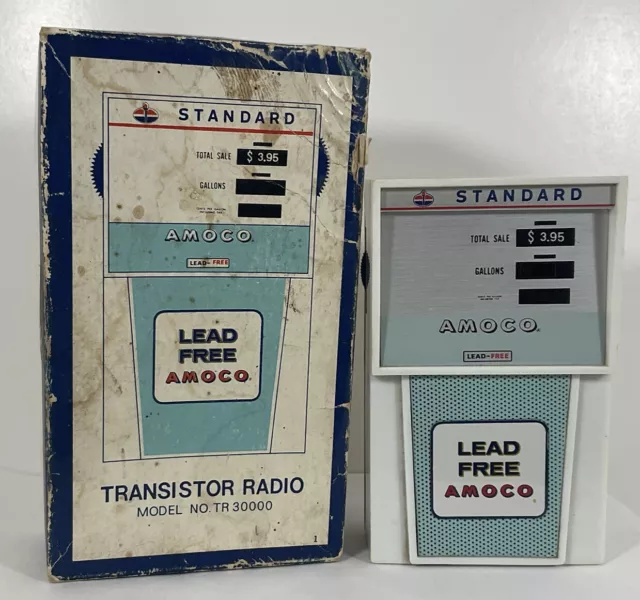 vintage standard amoco Lead Free gas pump transistor radio And Box No Tr 30000