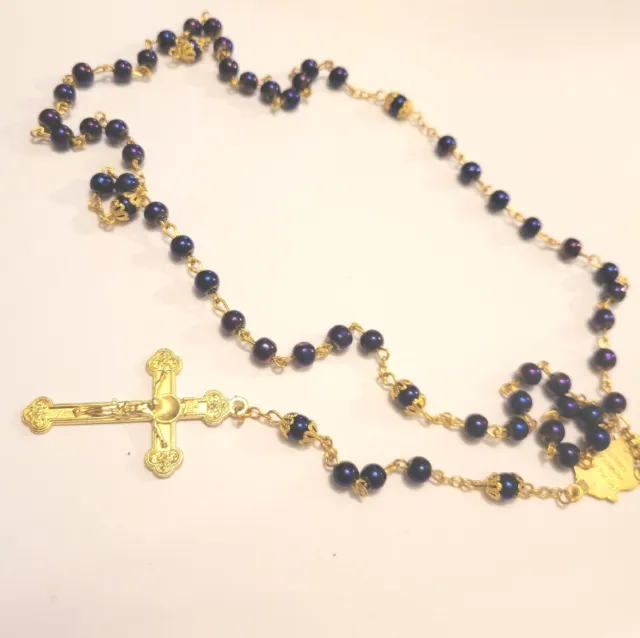 Iridescent Purple and Gold Queen of Heaven Pray for Us Rosary Beads w/Picture