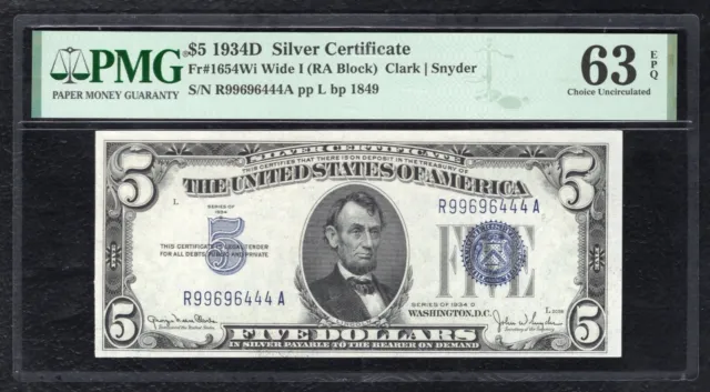 FR. 1654Wi 1934-D $5 SILVER CERTIFICATE CURRENCY NOTE PMG UNCIRCULATED-63EPQ