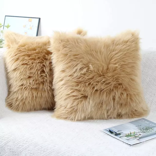 OYIMUA Beige 20 X 20 Inches Cushion Covers Pack of 2 Fluffy Soft Faux Fur Square