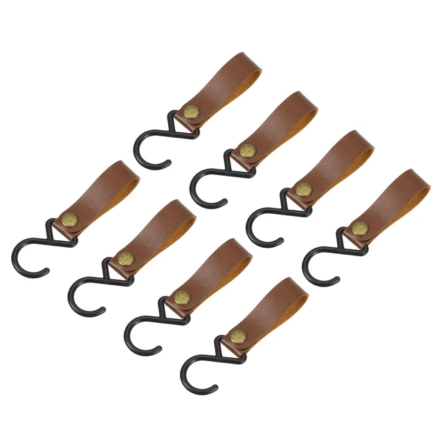 8Pcs PU Leather S Hooks for Hanging Multipurpose Camping Hook Hanger, Dark Brown