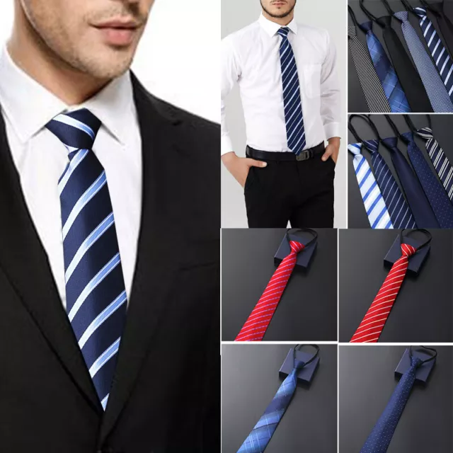 Mens Solid Color Ready Knot Pre Tied Formal Zipper Tie Neck Wear Striped Necktie