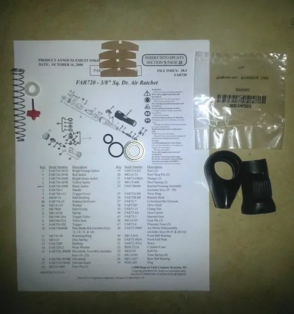 Snap On Far720 + Far750 Air Ratchet Vane Kit, Trigger Valve Kit, Button Cover