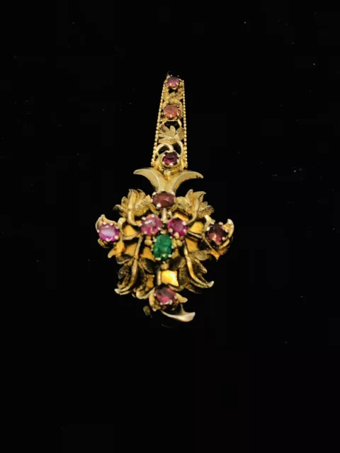 Antique C19th Georgian Silver Gilt Natural Rubies and Emerald Pendant L:5.5cm 3